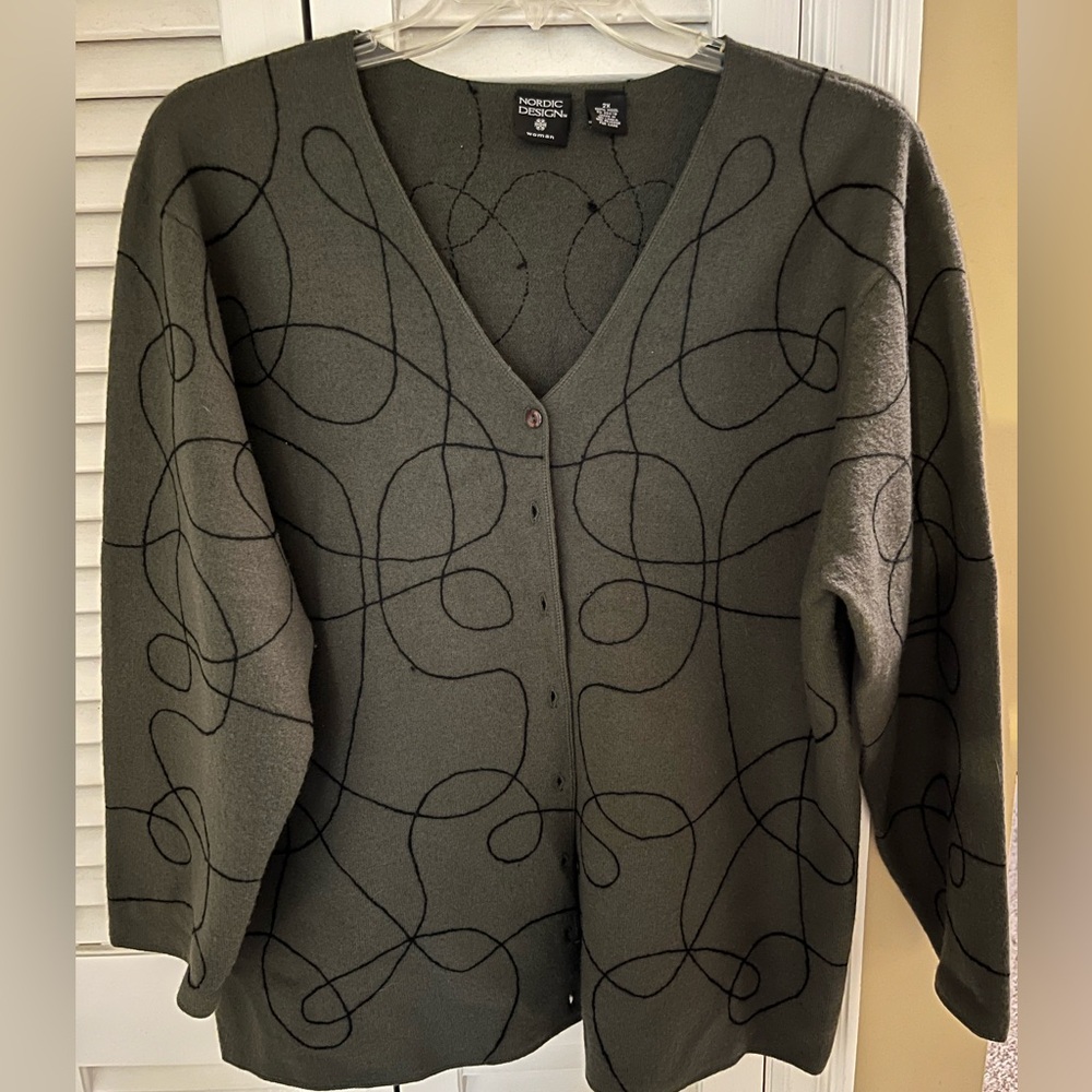 Cardigan, olive green with black thread swirls, sz 2x